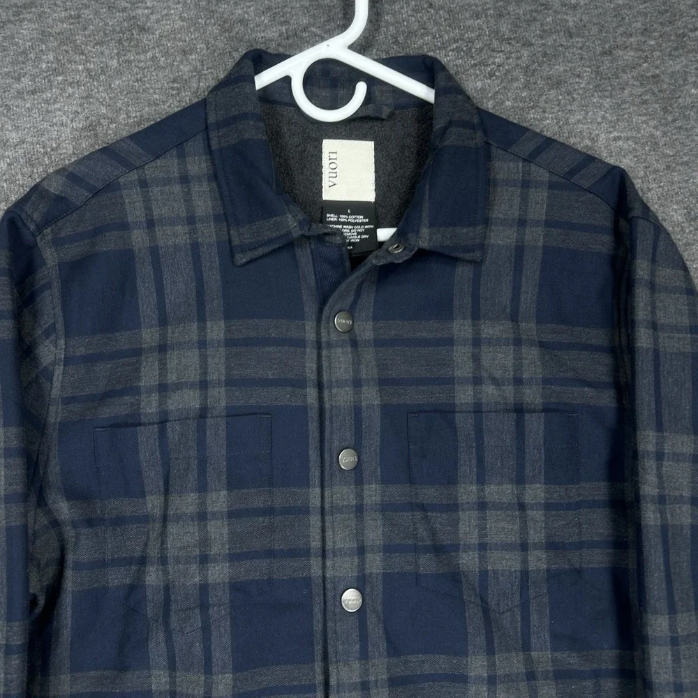 Vuori Range Shirt Jacket Mens L Blue Gray Plaid Flannel Fleece Lined Snap button